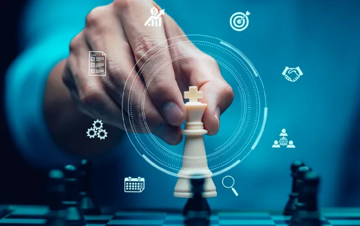 A hand places the King piece on a chessboard with digital icons around it.