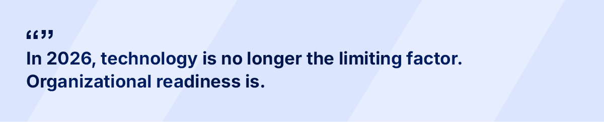 Quote highlighting that in 2026, organizational readiness, not technology, is the key constraint in enterprise transformation.
